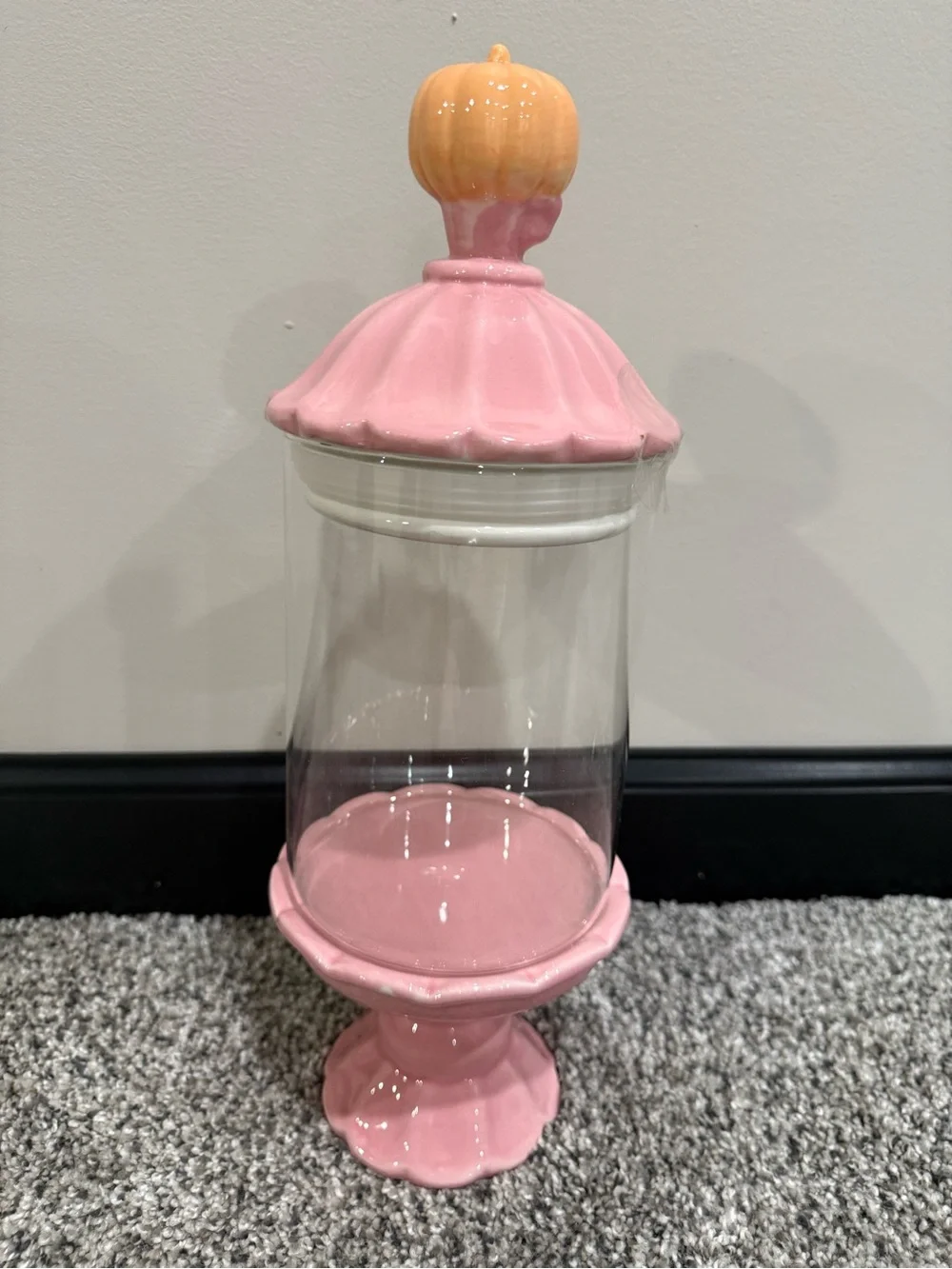 Halloween Pink Pumpkin Glass Candy Jar fall season 13” tall ceramic hand painted